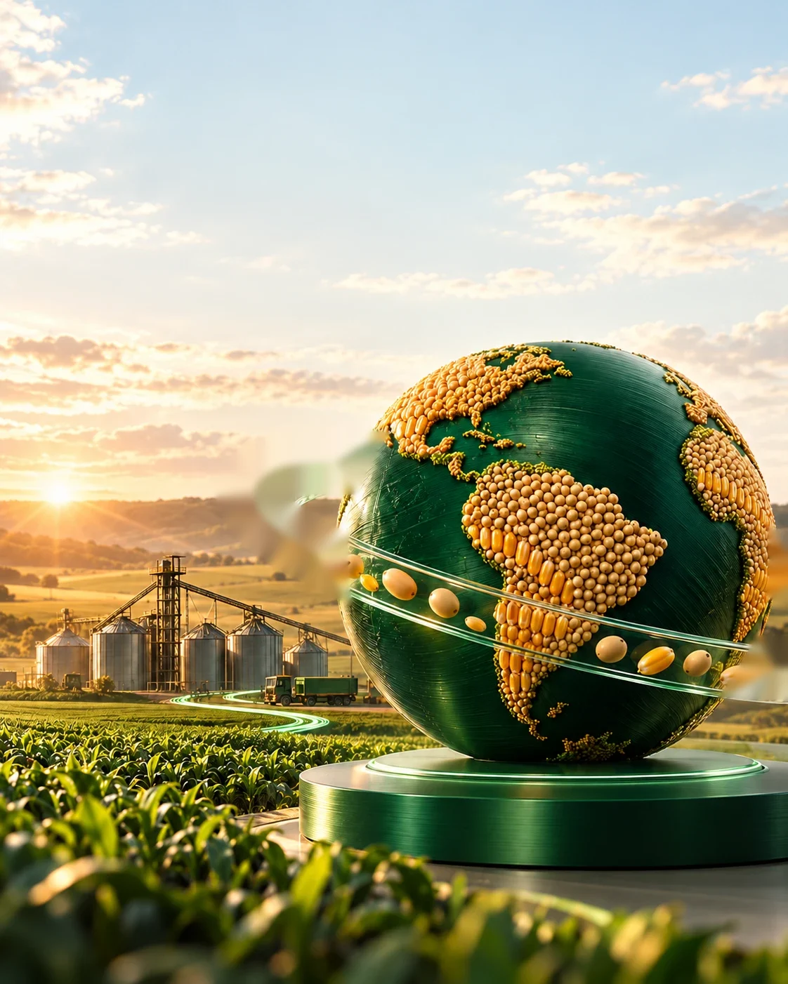 Globo verde com os continentes feitos de grãos de soja e milho, girando diante de silos e lavouras